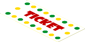 Sticker  1.7 x  3.7 with Yellow and Green Dots and Red "TICKET" on White Background