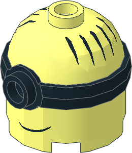 Minifig Head Minion  2 x  2 x  1.667 with Black Mono-Goggles and Black Hair and Slanted Smile Pattern