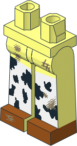 Minifig Hips and Legs Long with Black and White Chaps and Dark Orange Boots and Dirt Stains Pattern