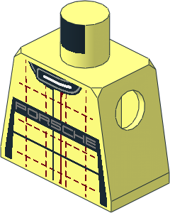 Minifig Torso with Race Suit with Porsche Logos, Dark Red Crosses and Dots and Black Stripes Pattern