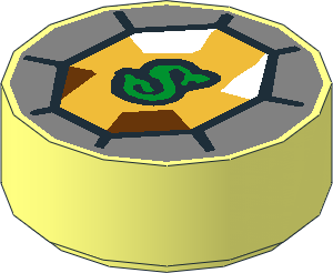 Tile  1 x  1 Round with Green Letter S Snake on Gold Jewel Pattern