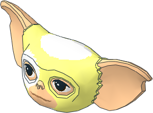 Minifig Head Gremlin with Mogwai with Light Nougat Ears and Face, White Fur on Head and Around Right Eye and Dark Brown Eyes Pattern
