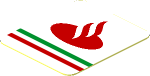 Sticker  0.9 x  0.8 with Red Santander Logo and Tricolor Stripe on White Background