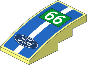 Slope Brick Curved  4 x  2 with Ford Logo and  White Number 66 in Green Rectangle on Blue Background Sticker
