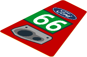 Sticker  2.2 x  1.7 with Ford Logo, Grey Exhaust Pipes and White Number 66 in Green Rectangle on Red Background Right