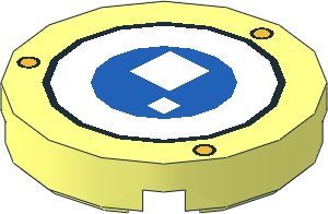 Tile  2 x  2 Round with Three Metallic Gold Discs within Black Rings and Two White Squares within Blue Disc and Black and White Rings Pattern