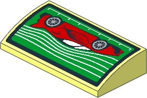 Slope Brick Curved  2 x  4 with Red Car and White Stripes on Black and Green Background Sticker