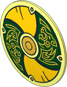 Minifig Shield Round Bowed with Yellow and Dark Green Panels with Gold Dragon Pattern