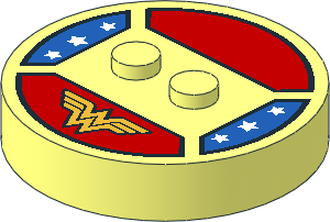 ~Electric Brick  4 x  4 x  0.667 Round - Top with  2 Studs with White Stars and Wonder Woman Logo Pattern