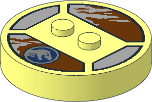 ~Electric Brick  4 x  4 x  0.667 Round - Top with  2 Studs with Silver Jurassic World Logo on Brown and Grey Pattern