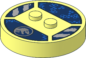 Brick  4 x  4 x  0.667 Round with RFID Tag and  2 Studs with Silver Jurassic World Logo and Blue Hexagons on Dark Blue Background Pattern