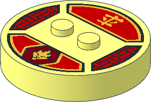 ~Electric Brick  4 x  4 x  0.667 Round - Top with  2 Studs with Gold Lion Head and Ninjago Logogram "Fire" Pattern