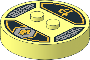 ~Electric Brick  4 x  4 x  0.667 Round - Top with  2 Studs with Gold Gorilla Head and Ninjago Logogram "Earth" Pattern