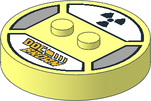 ~Electric Brick  4 x  4 x  0.667 Round - Top with  2 Studs with Gold "Doc Brown" and Black Radiation Symbol Pattern