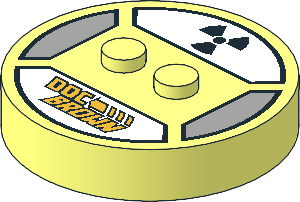 Brick  4 x  4 x  0.667 Round with RFID Tag and  2 Studs with Gold "Doc Brown" and Black Radiation Symbol Pattern