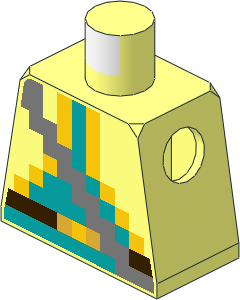 Minifig Torso with Pixelated Metallic Silver Strap over Vest with Yellow Trim, Dark Turquoise Shirt and Dark Brown Belt Pattern