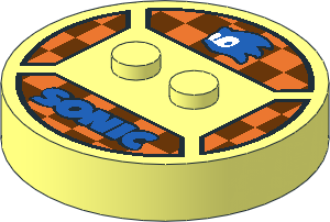 ~Electric Brick  4 x  4 x  0.667 Round - Top with  2 Studs with Blue Sonic Head, Blue "SONIC" and Checkered Background Pattern