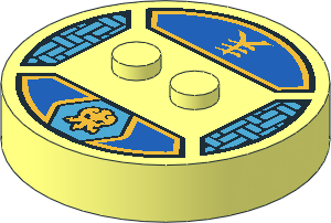 ~Electric Brick  4 x  4 x  0.667 Round - Top with  2 Studs with Gold Octopus and Ninjago Logogram "Lightning" Pattern