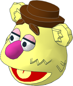 Minifig Head Muppet Bear (Fozzie) with Reddish Brown Hat and Eyebrows and Dark Pink Nose Pattern