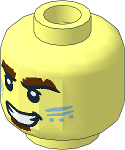 Minifig Head with Reddish Brown Bushy Eyebrows and Soul Patch, Metallic Light Blue Lines and Dots on Cheeks, Open Mouth Smile with Teeth Pattern