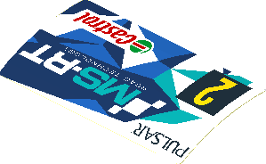 Sticker  1.9 x  3.8 with Yellow "2" on Black Square and Logos on Blue and White Background Left (Formed)