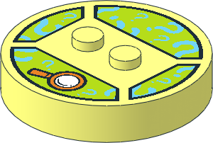 ~Electric Brick  4 x  4 x  0.667 Round - Top with  2 Studs with Magnifying Glass and Medium Azure Question Marks on Lime Background Pattern