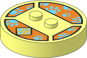 ~Electric Brick  4 x  4 x  0.667 Round - Top with  2 Studs with Metallic Gold "SD" Emblem and Medium Azure Paw Prints on Orange Background Pattern