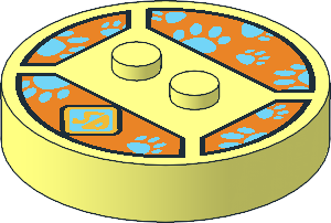 Brick  4 x  4 x  0.667 Round with RFID Tag and  2 Studs with Metallic Gold "SD" Emblem and Medium Azure Paw Prints on Orange Background Pattern