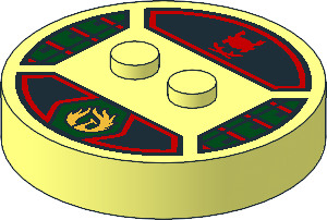 Brick  4 x  4 x  0.667 Round with RFID Tag and  2 Studs with Gold Phoenix and Red Samurai Helmet Pattern