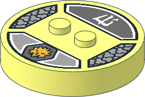 ~Electric Brick  4 x  4 x  0.667 Round - Top with  2 Studs with Gold Sabertooth Tiger Head, Hexagons and White "Ice" Logogram Pattern