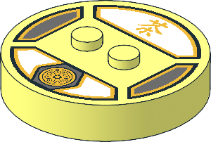 Brick  4 x  4 x  0.667 Round with RFID Tag and  2 Studs with Gold Lotus and "Tea" Logogram on White Background Pattern