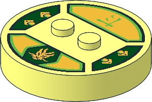 Brick  4 x  4 x  0.667 Round with RFID Tag and  2 Studs with Gold Dragon Head and Ninjago Logogram "Energy" Pattern