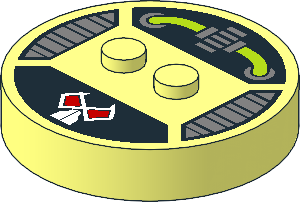Brick  4 x  4 x  0.667 Round with RFID Tag and  2 Studs with Lime Tubes, Silver Machinery and White Mask with Red Eyes Pattern