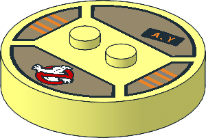 Brick  4 x  4 x  0.667 Round with RFID Tag and  2 Studs with Ghostbusters Logo, Orange and Silver Stripes and "A.Y" ID Badge Pattern