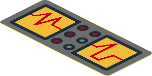 Sticker  0.7 x  1.7 with Metallic Gold, Red and Orange Level Displays, Black and Red Buttons on Dark Bluish Grey Background