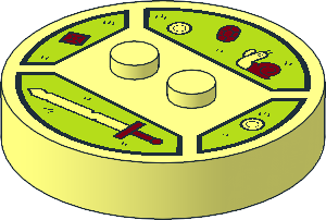 Brick  4 x  4 x  0.667 Round with RFID Tag and  2 Studs with Sword, Jewels and Snail Pattern