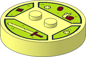 ~Electric Brick  4 x  4 x  0.667 Round - Top with  2 Studs with Sword, Jewels and Snail Pattern