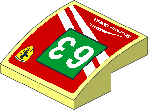 Slope Brick Curved  2 x  2 x  0.667 with Ferrari Logo and White 63 on Green Square and White Stripes on Red Background Right Sticker