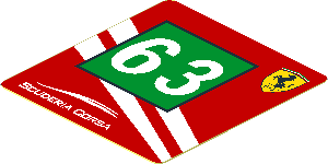 Sticker  1.9 x  1.8 with Ferrari Logo and White 63 on Green Square and White Stripes on Red Background Right