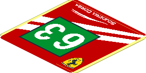 Sticker  1.9 x  1.8 with Ferrari Logo and White 63 on Green Square and White Stripes on Red Background Left