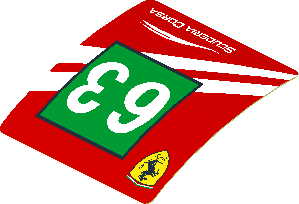 Sticker  1.9 x  1.8 with Ferrari Logo and White 63 on Green Square and White Stripes on Red Background Left (Formed) Pattern