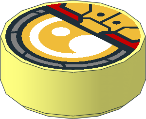 Tile  1 x  1 Round with White, Red and Metallic Gold Robotic Eye with Metallic Silver Outside Circle Pattern