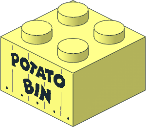 Brick  2 x  2 with Silver Stripes and Black "POTATO BIN" on Front and Back Pattern