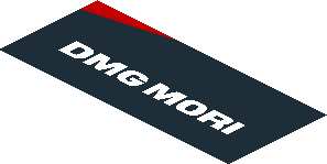 ~Sticker  1.9 x  0.8 with Black Trapezoid with White "DMG MORI" and Red Stripe on White Background Right - Fifth Face