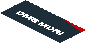 ~Sticker  1.9 x  0.8 with Black Trapezoid with White "DMG MORI" and Red Stripe on White Background Left - Fifth Face