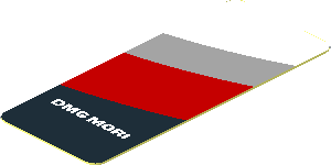Sticker  1.9 x  0.8 with Black Trapezoid with White "DMG MORI" and Red Stripe on White Background Right