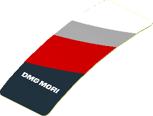 Sticker  1.9 x  0.8 with Black Trapezoid with White "DMG MORI" and Red Stripe on White Background Right (Formed)