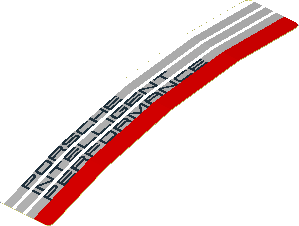 Sticker  0.8 x  4.0 with Black "PORSCHE INTELLIGENT PERFORMANCE" on Grey Stripes and Red Stripe on White Background Left (Formed)