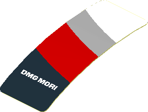 Sticker  1.9 x  0.8 with Black Trapezoid with White "DMG MORI" and Red Stripe on White Background Left (Formed)
