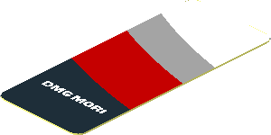 Sticker  1.9 x  0.8 with Black Trapezoid with White "DMG MORI" and Red Stripe on White Background Left